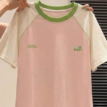 美式哈蘇線撞色拼接插肩短袖T恤女純棉夏季新款寬鬆運動情侶上衣圓領短袖T恤 小個子短袖 女生t恤 寬鬆顯瘦T恤 少女衣服