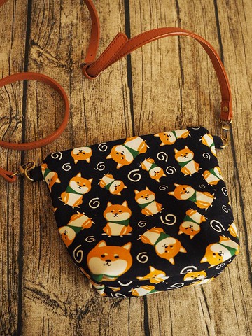 手工縫製托特側肩包帆布手袋 深藍和風柴犬圖案