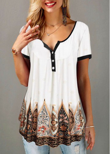Tribal Print Split Neck Button Detail T Shirt