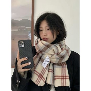 高級新款仿羊絨圍巾女冬韓版貼布百搭格子加厚學生圍脖男保暖披肩