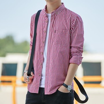 寸衫小格子休閑帥氣大碼長袖襯衫
