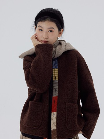 棕色羊毛拼布秋冬厚毛外套