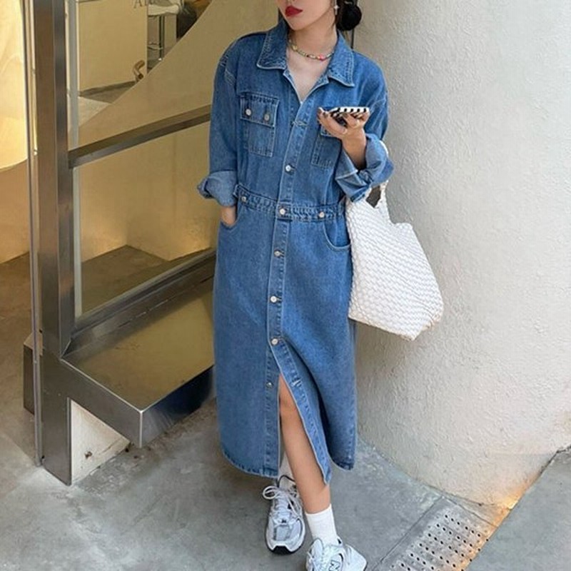 ロング丈デニムワンピース ハイウエスト シャツワンピース 長袖 Gジャン 羽織り コート レディース クラシック お出かけ オフィス 通勤 Ol 散歩 フェミニン 通販 Lineポイント最大get Lineショッピング