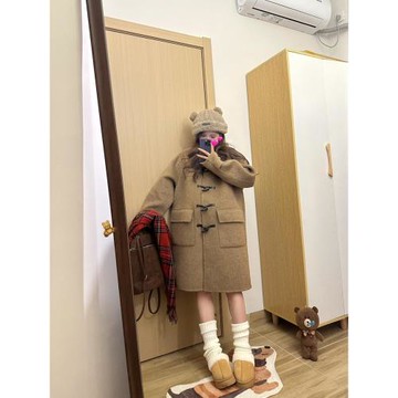 牛角扣呢子大衣女秋冬季2024新款毛呢外套高級感小個子中長款韓系