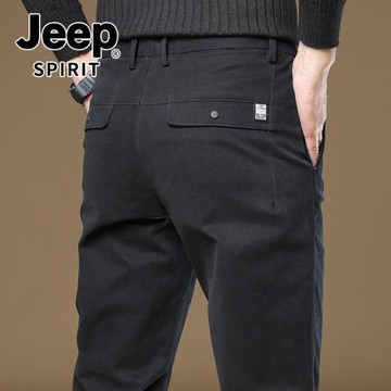 吉普2025秋冬季新款高端純棉休閑褲男士黑色修身直筒彈力長褲子男