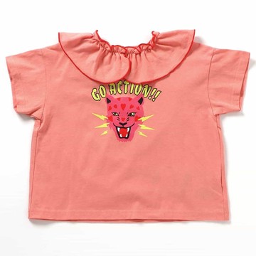 日本 BREEZE - 100%棉 可愛領口印花短袖-花豹-粉紅