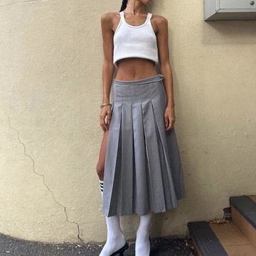 聰明超市vintage｜美式復古學院風褶皺百褶開叉中長款西裝半裙