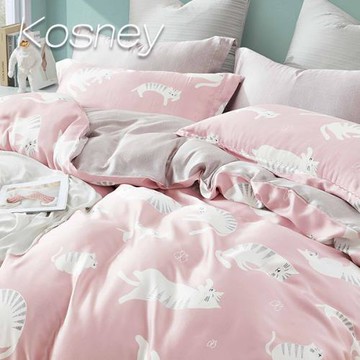 KOSNEY  慵懶貓咪粉 頂級100%天絲特大床包枕套組床包高度35公分