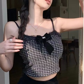 胖胖美依 背心 吊帶 美背 純欲氣質時尚小香風蝴蝶結吊帶背心女內搭美背短款無袖上衣-15309.