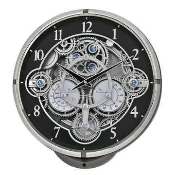 RHYTHM CLOCK日本麗聲亮銀框黑色鏤空齒輪溫度濕度整點報時音樂掛鐘4MH442WU08