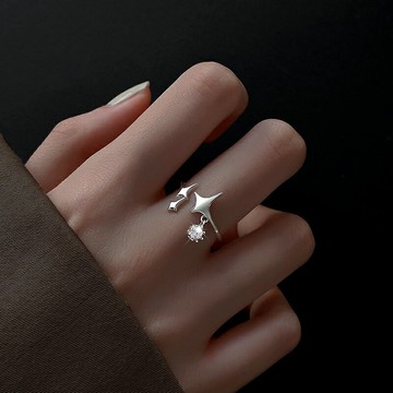 925純銀四芒星戒指女2022年新款潮不規則指環個性食指戒水鉆戒子