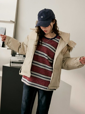 復古撞色條紋寬鬆毛料長袖上衣
