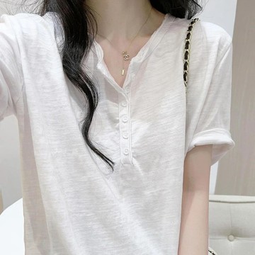 夏季 韓系 慵懶風 竹節棉 純棉T卹 捲邊寬鬆百搭T卹女 短袖設計感上衣 白t 素t 短袖t恤 大碼女裝 高級感穿搭