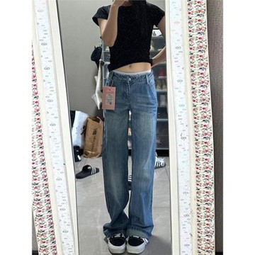 高個子加長美式復古水洗做舊微喇叭牛仔褲女低腰直筒顯瘦拖地褲潮