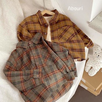 大自然復古色系~兒童中性格子韓國襯衣男女寶寶磨毛棉麻洋氣上衣