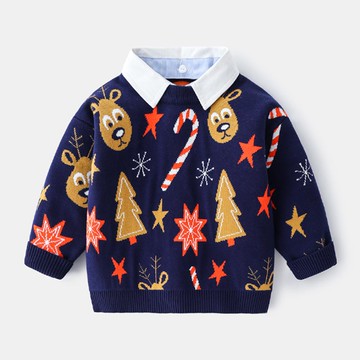 WELLKIDS - 假兩件針織翻領長袖上衣-聖誕麋鹿-深藍色