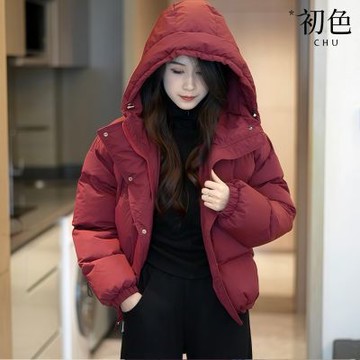 初色 休閒簡約寬鬆保暖加厚純色連帽長袖棉服外套女外套-共2色-16921(M-XL可選)