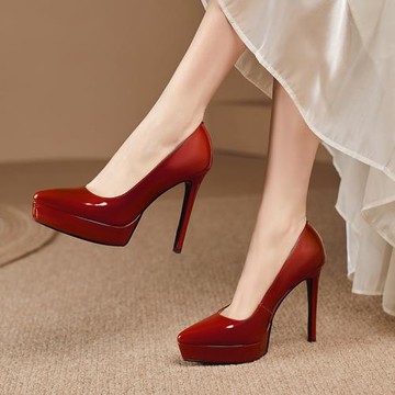 真皮防水臺禮儀高跟鞋尖頭旗袍走秀性感單鞋12cm紅色新娘伴娘婚鞋
