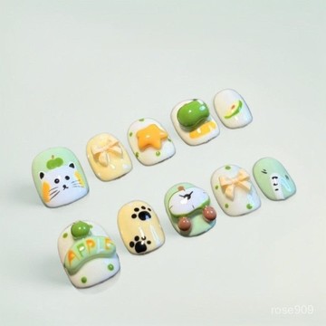 ✨Hannah✨純手工手捏穿戴指甲卡通手繪短款可愛顯白立體美甲可拆卸爆款學生純手工穿戴甲 6WWR