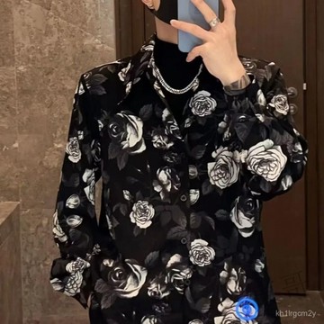 F💖全店免運💖 高級感玫瑰花印花襯衫男長袖春夏季新款時尚潮流休閒免燙寬鬆襯衣 5UFZ