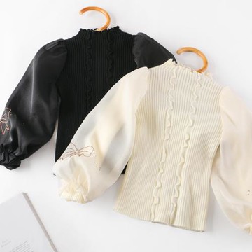 女童秋冬毛衣打底衫2022新款寶寶泡泡袖公主針織衫兒童套頭毛線衣