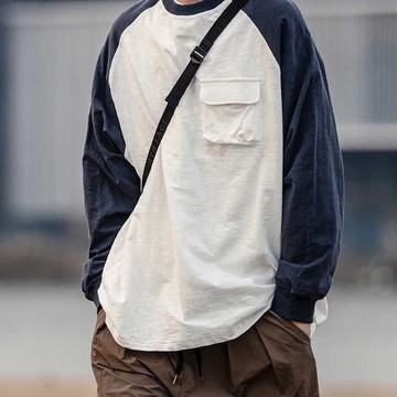 春秋新款日系復古撞色口袋長袖T恤男休閒寬鬆情侶圓領百搭打底衫