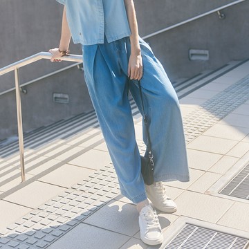 SOMETHING｜女裝｜萊賽爾打摺超寬丹寧直筒褲