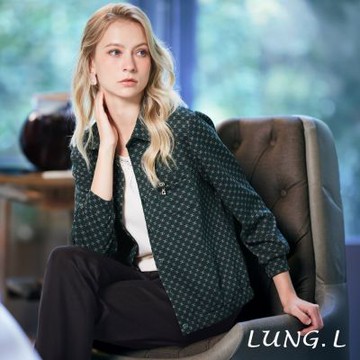 林佳樺LUNG.L 墨綠色滿版小幾何印花針織長袖女裝襯衫(罩衫) LT27A