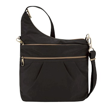 《TRAVELON》Signature摺紋四層馬蹄防盜斜背包-黑-- 側背包 斜背包 背帶包 防割防搶