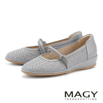 MAGY 羊皮晶鑽鏤空扭結雙帶瑪麗珍鞋 灰色