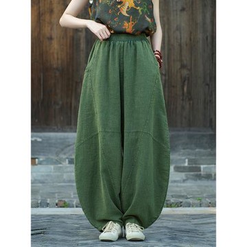 棉麻褲子女春秋款寬松休閑太極褲禪修打坐長褲苧麻復古做舊燈籠褲