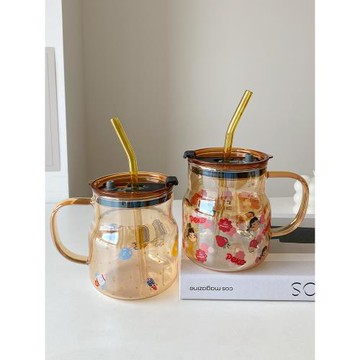 玻璃杯女生高顏值把手杯子大容量新款家用喝水ins網紅帶蓋吸管杯