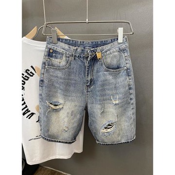 淺色破洞牛仔短褲潮牌痞帥炸街男夏季薄款寬松直筒中褲百搭五分褲