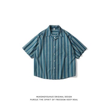 悟空有貨古巴領港風復古條紋襯衫男女夏季薄款肌理感休閑短袖襯衣