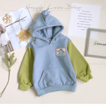 厚款 韓系恐龍貼布藍綠厚磅不倒絨連帽上衣 秋冬 男童上衣 男童長袖 男童棉T 男童T恤 秋冬刷毛