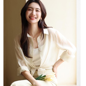 KPUWARM - 天絲光澤感微透膚休閒襯衫-香檳色