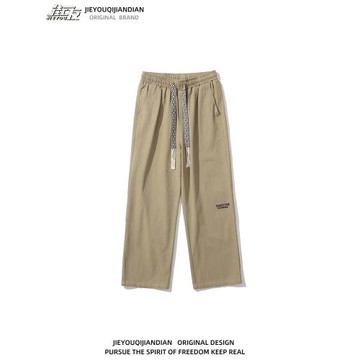 日系復古簡約字母刺繡直筒工裝褲男女潮牌大抽繩寬松休閑闊腿長褲