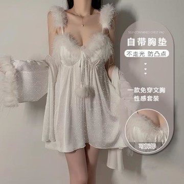 瑰若純色緞面拼接毛絨性感大碼加胸墊吊帶睡裙外袍家居服套裝4419