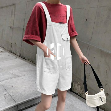 牛仔背帶短褲女春秋大碼胖妹妹寬鬆顯瘦休閒連身褲【聚物優品】