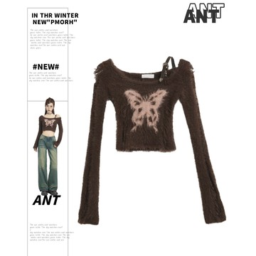 【ANT】蝴蝶一字肩水貂絨短款斜肩毛衣女 秋冬內搭 打底衫 露肩上衣  斜肩毛衣 短款毛衣 性感上衣 一字肩 水貂絨毛衣