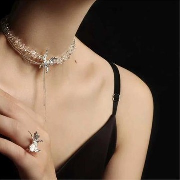小眾設計感新款蝴蝶結流蘇白鋯石高級感鎖骨鏈頸鏈百搭項鏈