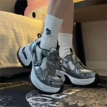 趙露思同款月落星河厚底銀色老爹鞋女新軟皮增高減震休閑運動鞋布