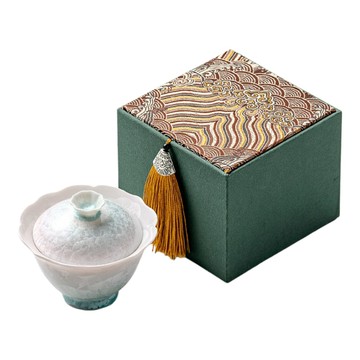 茶杯組 如茵結晶冰花陶瓷茶杯 二才蓋碗 100ml花邊泡茶功夫茶具 旅行茶盞 陶瓷品茗杯 二才花口蓋碗-禮盒裝