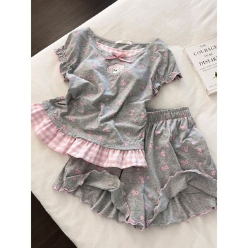 新款日系可愛碎花假兩件帶胸墊短袖粉格春夏季宅家舒適睡衣女加大碼睡衣睡衣韓版睡衣帶胸墊睡衣短袖睡衣