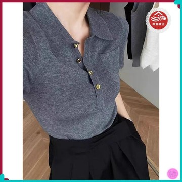 🏵️秋季上新🏵️法式Polo領灰色短袖針織衫女夏季短款高級感氣質冰絲正肩T恤上衣