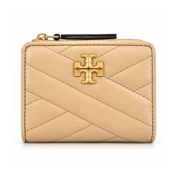 TORY BURCH KIRA 金字LOGO羊皮斜紋拉鍊零錢短夾(奶茶)