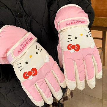 Kitty加絨加厚手套🎀 Hellokitty粉色滑雪手套女可愛加絨加厚防水保暖騎行
