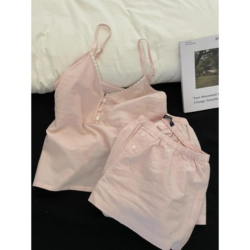 甜美風吊帶 睡衣女 居家服  細肩帶性感睡衣 睡衣女套裝 粉色條紋蕾絲花邊上衣 短褲 套裝 吊帶睡衣