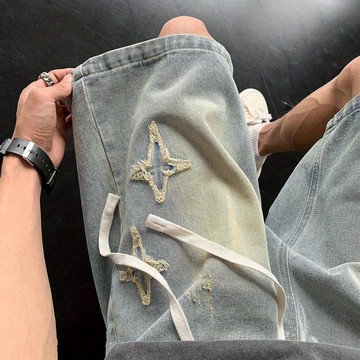 牛仔短褲 美式復古五分褲   美式牛仔短褲夏季男款鬆緊腰潮牌五分褲高街刺繡馬褲休閒外穿中褲0628