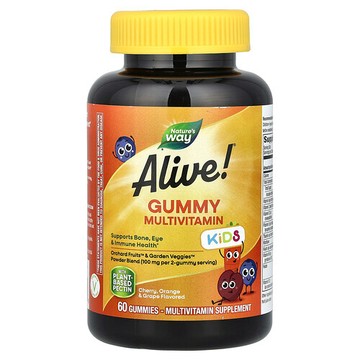 Nature's Way, Alive! 兒童，多維生素膠囊，櫻桃、橙子和葡萄味，60 粒軟糖